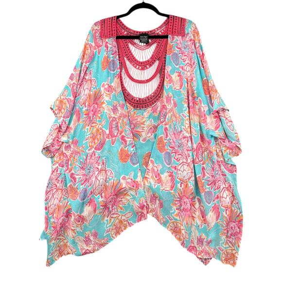Charlie Paige Tropical Crochet Neckline Open Batwing‎ Sleeves Kimono Beach OS - Picture 1 of 5